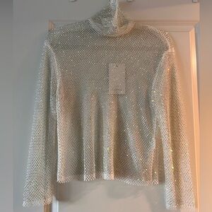 High-Neck White Rhinestone Mesh Long Sleeve Shirt